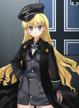  1girl alice_soft blonde_hair blue_eyes cross dai_(series) daiteikoku female_focus gloves hat highres long_hair military military_uniform nazi peaked_cap rayhwang retia_adolf solo  rating:Sensitive score:12 user:jerooff