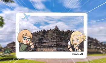  1boy 1girl aircraft airplane annie_leonhart armin_arlert black_jacket black_shirt blonde_hair blue_eyes chibi chibi_only eating food gesture glasses green_shirt hair_bun highres holding holding_food holding_phone jacket lida_(lidalida04) open_mouth parted_lips phone photo_background shingeki_no_kyojin shirt shirt_under_shirt short_hair smile twitter_username upper_body white_shirt 