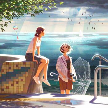  2girls absurdres after_rain backlighting bird black_camisole boat brown_hair brown_shorts bysau camera camisole cloud cloudy_sky commentary english_commentary handrail highres holding holding_umbrella horizon looking_up multiple_girls ocean open_clothes open_shirt original outdoors pinstripe_pattern pinstripe_shirt ponytail puddle reflection reflective_liquid sailboat shirt shoes shorts sitting sky sneakers tiles transparent transparent_umbrella umbrella water watercraft waves white_camisole white_shoes wind wind_chime 