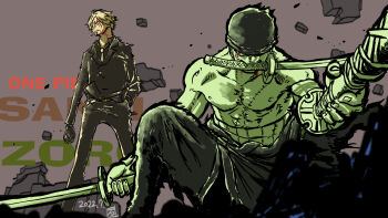  2boys bandana black_gloves black_suit blood blood_on_face character_name cigarette commentary_request copyright_name dated facial_hair formal_clothes gloves goatee hand_in_pocket haramaki highres japanese_clothes katsumi_ishizuka kimono looking_to_the_side male_focus multiple_boys on_one_knee one_piece red_eyes roronoa_zoro sanji_(one_piece) stitched_torso stitches suit sword_in_mouth topless_male weapon_in_mouth 