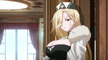  1girl animated anime_screenshot blonde_hair bouncing_breasts breast_focus breasts cleavage highres huge_filesize large_breasts okiraku_ryoushu_no_tanoshii_ryouchi_bouei_~seisan-kei_majutsu_de_na_mo_naki_mura_wo_saikyou_no_jousai_toshi_ni~ panamera_karla_kaien tagme third-party_edit video 