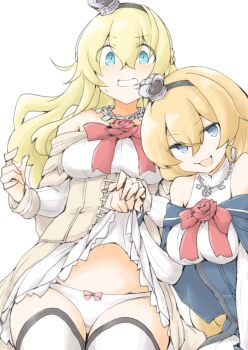 2girls akara_kai black_hairband blonde_hair blue_eyes bow bow_panties braid breasts capelet clothes_lift commentary_request crotch_seam crown dress dress_lift earrings embarrassed flower hair_between_eyes hairband half_up_braid highres jewelry kantai_collection large_breasts long_hair long_sleeves low-tied_long_hair mini_crown multiple_girls necklace off-shoulder_dress off_shoulder open_mouth panties red_flower ribbon sitting thighhighs underwear valiant_(kancolle) warspite_(kancolle) white_dress 