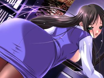  1girl 2000s_(style) bent_over black_hair black_pantyhose blue_skirt blue_vest blush breasts cowboy_shot from_behind game_cg green_eyes half-closed_eyes indoors kawahara_emi long_hair long_sidelocks looking_back m&amp;m_(mickey_and_mackey) medium_breasts night nipples open_clothes open_mouth open_shirt open_vest pantyhose pencil_skirt photocopier poster_(object) raised_inner_eyebrows saishu_chikan_densha_(series) saishuu_chikan_densha shirt sidelocks skirt solo standing sweat third-party_source variant_set vest white_shirt 