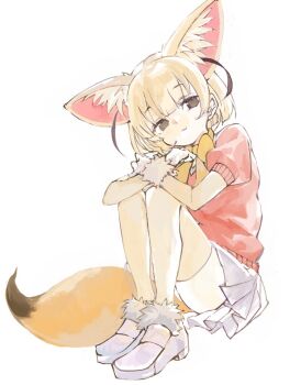  animal_ears black_hair blonde_hair bow bowtie brown_eyes commentary_request extra_ears fennec_(kemono_friends) fox_ears fox_tail gloves kemono_friends knees_up konabetate multicolored_hair pink_sweater shirt short-sleeved_sweater short_hair short_sleeves skirt sweater tail 