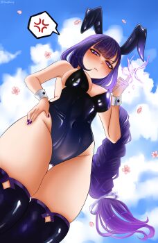  1girl anger_vein animal_ears blue_sky blunt_bangs blush braid breasts cherry_blossoms closed_mouth cloud cloudy_sky commentary covered_navel electricity embarrassed english_commentary fake_animal_ears from_below genshin_impact hair_ribbon hand_on_own_hip highres large_breasts long_braid long_hair looking_to_the_side no_mole nose_blush playboy_bunny purple_eyes purple_hair purple_nails purple_thighhighs rabbit_ears raiden_shogun ribbon single_braid skin_tight sky solo spoken_anger_vein standing thick_thighs thigh_gap thighhighs thighs upper_body wrist_cuffs yaebunny 