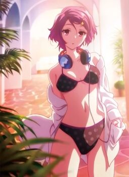  1girl bra breasts couch hair_ornament headphones headphones_around_neck hip_focus ikeda_kazumi leaf looking_at_viewer minase_koito musaigen_no_phantom_world official_art open_mouth original panties plant polka_dot polka_dot_bra polka_dot_panties red_eyes red_hair school_uniform short_hair small_breasts standing star_(symbol) star_hair_ornament stomach thighs underwear undressing wire 