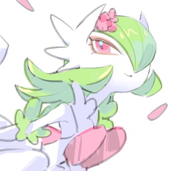  colored_skin commentary flower gardevoir gen_3_pokemon green_hair hair_flower hair_ornament hair_over_one_eye long_hair lowres mega_gardevoir mega_pokemon nintendo petals pink_eyes pink_flower pink_petals pokemon pokemon_(creature) raine_(acke2445) simple_background smile untranslatable_commentary white_background white_skin 