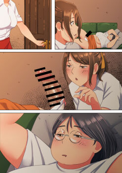  2futa 4koma areola_slip bar_censor blush breasts censored comic couch drooling erection fat fat_woman futa_with_futa futanari glasses large_breasts looking_at_penis multiple_futa obese_female penis sleeping supi_(inner_map)  rating:Explicit score:65 user:bfire227