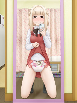  1girl black_socks blonde_hair blush book book_stack bow bowtie braid brown_bow brown_bowtie brown_eyes cellphone clothes_lift crown_braid curtains diaper dress dress_lift dress_shirt female_focus full_body god_hand_mar hair_intakes heart heart_print hidamari_sketch highres holding holding_phone indoors kneeling lifting_own_clothes lifting_own_dress long_sleeves looking_at_viewer mirror nazuna_(hidamari_sketch) phone print_diaper reflection reflection_focus sheep_print shirt smartphone smile socks solo white_shirt wooden_floor  rating:Sensitive score:13 user:m203