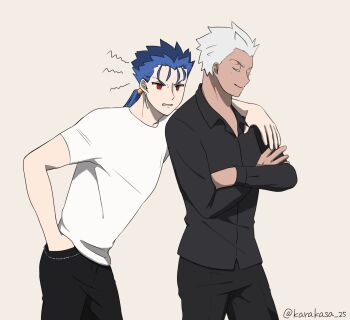  2boys archer_(casual_wear)_(fate) archer_(fate) arm_around_neck blue_hair clenched_teeth closed_eyes colored_eyelashes commentary_request crossed_arms cu_chulainn_(casual_wear)_(fate) cu_chulainn_(fate) cu_chulainn_(lancer)_(fate) dark-skinned_male dark_skin earrings fate/hollow_ataraxia fate_(series) grey_hair hand_in_pocket highres jewelry karakasa_25 leaning_forward low_ponytail male_focus multiple_boys ponytail red_eyes smile squiggle taittsuu_username teeth v-shaped_eyebrows 