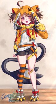  absurdres bike_shorts black_shorts brown_hair commission fingerless_gloves gigi_murin gloves hair_through_hood highres holojustice hololive hololive_english hood hooded_shrug hoodie multicolored_hair orange_hood orange_hoodie orange_shrug shihasuki shoes short_twintails shorts shrug_(clothing) striped_clothes striped_thighhighs tail thighhighs twintails two-tone_hair v virtual_youtuber 