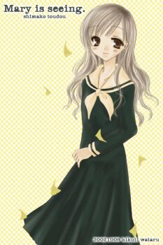  1girl 2002 archived_source artist_name bad_link black_serafuku black_shirt black_skirt black_sleeves blush brown_eyes brown_hair character_name checkered_background closed_mouth collared_shirt contrast_collar dated dot_nose english_text ginkgo_leaf kikuti_wataru leaf light_smile long_hair long_sleeves looking_at_viewer maria-sama_ga_miteru medium_skirt neckerchief pleated_skirt sailor_collar school_uniform serafuku shirt simple_background skirt solo toudou_shimako wavy_hair yellow_leaves yellow_neckerchief yellow_sailor_collar yellow_theme 