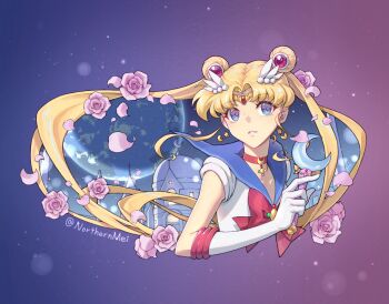 1girl artist_name bishoujo_senshi_sailor_moon bishoujo_senshi_sailor_moon_crystal blonde_hair blue_background blue_eyes bow bowtie choker circlet commentary crescent crescent_choker crescent_earrings earrings elbow_gloves flower gloves gradient_background jewelry long_hair looking_at_viewer magical_girl nezumipl parted_lips petals pink_flower pink_petals pink_rose purple_background red_bow red_bowtie red_choker rose sailor_moon sailor_senshi sailor_senshi_uniform solo star_(symbol) star_earrings untranslatable_commentary tsukino_usagi twintails two-tone_background upper_body white_gloves