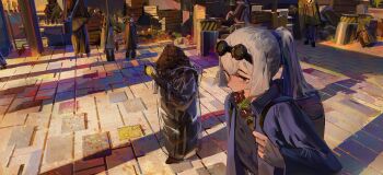  1boy 1girl 6+others backpack bag brown_eyes collared_jacket commentary corn eating english_commentary food food_on_face furry furry_male goat_boy goggles goggles_on_head highres holding holding_food jacket market multiple_others open_clothes open_jacket original pandemoon people ponytail raincoat see-through_clothes see-through_raincoat shadow shish_kebab walking white_hair 