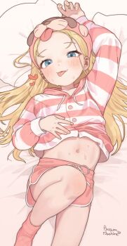 1girl :p absurdres animal_hat arm_up artist_name bed_sheet blonde_hair blue_eyes blush borrowed_character child clothes_lift commentary cowboy_shot dog_hat dolphin_shorts drawstring english_commentary fang flat_chest forehead hat heart highres hood hoodie knee_up long_sleeves looking_at_viewer lying midriff_peek navel on_back on_bed original pillow pink_shorts pink_socks pink_sweater possummachine sasha_(haguhagu) short_shorts shorts signature socks solo stomach striped_clothes striped_hoodie striped_sweater sweat sweater sweater_lift tareme tongue tongue_out rating:Sensitive score:467 user:danbooru