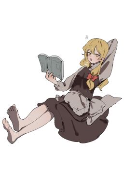  1girl apron arm_behind_head barefoot black_skirt black_vest blonde_hair book full_body hair_ribbon highres holding holding_book kirisame_marisa long_sleeves lying niru_(ka_k_0517) no_headwear open_mouth reading ribbon shirt skirt solo touhou vest white_background white_shirt yellow_eyes 