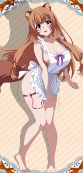  1girl absurdres alternate_breast_size_(larger) alternate_costume animal_ear_fluff animal_ears apron apron_pull artist_logo artist_name bare_arms bare_legs bare_shoulders barefoot blunt_bangs blush breasts brown_hair cleavage clothes_pull commentary diagonal-striped_background double-parted_bangs drop_shadow embarrassed english_commentary floating_hair full_body highres huge_breasts indexxryo logo long_hair looking_at_viewer metal_hair_tubes motion_lines naked_apron open_mouth paid_reward_available pink_eyes raccoon_ears raccoon_girl raccoon_tail raphtalia skindentation solo standing straight_hair striped_background tail tate_no_yuusha_no_nariagari thigh_strap vibrator_in_thigh_strap watermark white_apron white_background yellow_background 