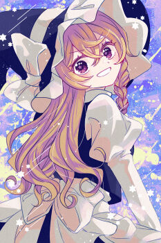  1girl apron black_skirt black_vest blonde_hair blush bow braid commentary_request frilled_hat frills from_behind grin hat hat_bow hat_ribbon highres juliet_sleeves katsuragi_atori kirisame_marisa long_hair long_sleeves looking_at_viewer looking_back open_mouth puffy_sleeves purple_eyes ribbon shirt short_sleeves side_braid single_braid skirt smile solo star_(symbol) teeth touhou upper_body vest waist_apron white_apron white_bow white_ribbon white_shirt witch_hat 