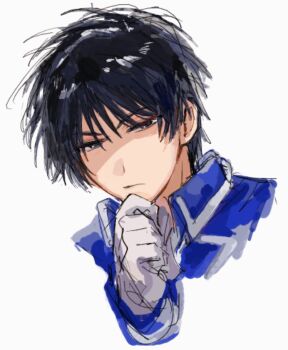  1boy black_eyes black_hair blue_jacket close-up closed_mouth collared_jacket commentary_request expressionless frown fullmetal_alchemist gloves half-closed_eyes hand_on_own_chin hand_up high_collar jacket long_sleeves looking_at_viewer male_focus messy_hair military military_uniform portrait roy_mustang serious shaded_face short_hair simple_background sketch solo stroking_own_chin thinking tsurime tyoookozuki upper_body white_background white_gloves 