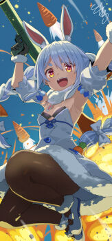  1girl animal_ears armpits arms_up bare_shoulders black_bra blue_hair bra braid breasts carrot dress highres holding holding_rocket_launcher holding_weapon holocure hololive multicolored_hair rabbit_ears rabbit_girl rocket_launcher small_breasts solo tokumaro twin_braids two-tone_hair underwear usada_pekora usada_pekora_(1st_costume) virtual_youtuber weapon white_dress white_hair 