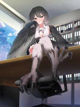  1girl absurdres bird_legs black_hair black_skirt black_wings blush bookshelf bow bowtie breasts chair cityscape commentary_request commission crossed_legs desk feathered_wings from_below harpy highres indoors kinosita looking_at_viewer monster_girl office_chair on_desk original pov shirt short_hair sitting skirt sleeveless sleeveless_shirt small_breasts smirk solo swivel_chair talons white_bow white_bowtie white_shirt window winged_arms wings yellow_eyes 