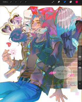  1boy 1girl art_program_in_frame artist_name assertive_female belt belt_buckle black_belt black_boots black_choker black_hair black_jacket black_pantyhose black_shirt blue_pants blush boots bracelet brown_hair buckle can chain chain_necklace choker combat_boots commentary couple drink_can dropped_object english_text eren_yeager green_eyes grey_skirt hair_between_eyes hand_on_another's_cheek hand_on_another's_face heart_locket hetero highres jacket jacket_partially_removed jewelry lacampanule leather leather_jacket medium_hair mikasa_ackerman nail_polish necklace pants pantyhose parted_bangs parted_lips pleated_skirt profanity red_jacket red_nails ring shingeki_no_kyojin shirt short_hair skirt spilling spoken_blush star_(symbol) star_print striped_clothes striped_skirt 