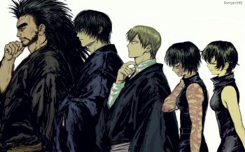  2girls 3boys black_hair black_robe blonde_hair cowboy_shot from_side fushiguro_touji hand_on_own_chin hand_on_own_neck highres jujutsu_kaisen layered_clothes lineup long_hair looking_up multiple_boys multiple_girls robe scar scars_all_over shirt short_hair siblings signature sleeveless sorry4u999 too_many twitter_username white_background white_shirt zen'in_jinichi zen'in_maki zen'in_maki_(post_shibuya) zen'in_naoya 