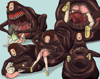  1girl ass clothes_pull creature drooling holding holding_shoes holding_unworn_clothes imminent_death inside_creature kaonashi loli monster ogino_chihiro peril ripping_clothing saliva saliva_trail sen_to_chihiro_no_kamikakushi shoes struggling thebigbrap tongue unworn_shoes vore 