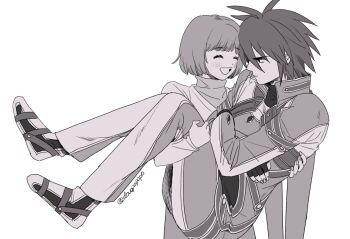  anna_irving belt blue_gloves blush bob_cut bodysuit boots carrying closed_eyes collared_jacket criss-cross_straps cropped_jacket crossed_arms crotchless crotchless_pants dovepopopo fingerless_gloves gloves hair_between_eyes jacket kratos_aurion kratos_aurion_(judgment) medium_hair monochrome multiple_belts pants popped_collar princess_carry purple_trim red_eyes red_hair scowl simple_background smile strap tales_of_(series) tales_of_symphonia turtleneck white_background white_boots white_jacket white_pants 