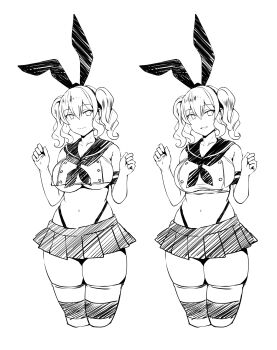  1girl adapted_costume breasts cleavage female_focus kantai_collection kashima_(kancolle) large_breasts microskirt monochrome multiple_views navel panties sailor_collar school_uniform serafuku simple_background sketch skindentation skirt striped_clothes striped_thighhighs thick_thighs thighhighs thighs underboob underwear whale_tail_(clothing) 