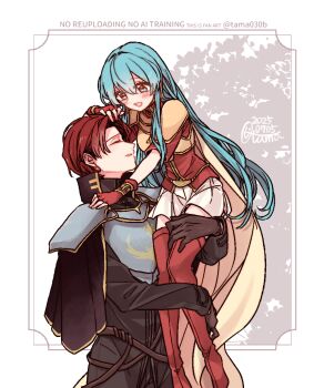  1boy 1girl 2025 aqua_eyes aqua_hair armor black_capelet black_shirt blush boots breastplate breasts brown_gloves cape capelet carrying carrying_person closed_eyes commentary_request couple eirika_(fire_emblem) fingerless_gloves fire_emblem fire_emblem:_the_sacred_stones gloves grey_armor happy hetero highres long_hair long_sleeves nintendo open_mouth parted_bangs red_boots red_gloves red_hair red_shirt sayu030b seth_(fire_emblem) shirt short_hair short_sleeves shoulder_armor sitting_on_shoulder skirt small_breasts smile thigh_boots thighhighs tree_shade two-tone_background watermark white_background white_skirt yellow_armor yellow_cape zettai_ryouiki 