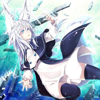  animal_ears blue_eyes fox_ears highres kentairui tail thighhighs white_hair  rating:Sensitive score:7 user:TheJusticeWolf