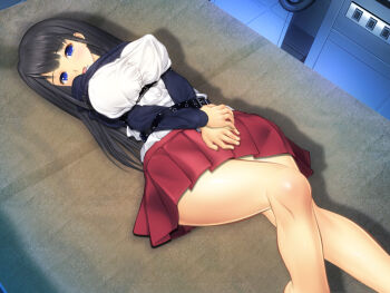  01-torte 1girl bdsm black_hair blue_eyes blush bondage bound breasts covered_erect_nipples curvy female_focus large_breasts long_hair looking_at_viewer lying on_back open_mouth solo wide_hips 