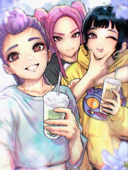  3girls black_hair black_sleeves blue_flower blunt_bangs blurry blurry_foreground body_markings braid brown_eyes character_print closed_mouth cup derpy_(kpop_demon_hunters) disposable_cup earrings facial_mark flower grin hand_on_another's_chin highres holding holding_cup hood hoodie hug hug_from_behind jewelry kpop_demon_hunters looking_at_viewer mira_(kpop_demon_hunters) multiple_earrings multiple_girls one_eye_closed parted_bangs parted_lips pink_hair print_hoodie purple_hair rumi_(kpop_demon_hunters) shirt sidelocks single_braid smile stud_earrings tongue tongue_out toni_caballero twintails two-tone_shirt upper_body white_shirt yellow_hoodie zoey_(kpop_demon_hunters) 