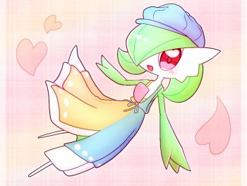  1girl artist_name blue_hat blush bob_cut colored_skin deformed dress female_focus flat_chest full_body gardevoir gardevoir_(cafe) gen_3_pokemon green_hair green_skin hair_over_one_eye happy hat heart heart_in_eye looking_at_viewer multicolored_skin newsboy_cap nintendo no_feet one_eye_covered open_mouth pink_background pocket pokemon pokemon_(creature) pokemon_unite red_eyes short_hair signature sleeveless sleeveless_dress smile solo symbol_in_eye twitter_username two-tone_dress two-tone_skin white_skin yuri_(fl0werspace)  rating:General score:1 user:AngryZapdos