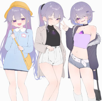  1girl alternate_costume alternate_hairstyle bag bandaid bandaid_on_face belt blush chest_jewel choker colored_inner_hair flat_chest fur_trim hair_flaps hair_ornament handbag hat hololive hololive_english jacket jewel_under_eye jewelry kindergarten_uniform koseki_bijou long_hair looking_at_viewer multicolored_hair navel necklace off_shoulder one_eye_closed ponytail purple_eyes purple_hair school_hat short_hair short_shorts shorts skirt smile strapless theflatfacadeds thighs tube_top v very_long_hair virtual_youtuber white_background wink 