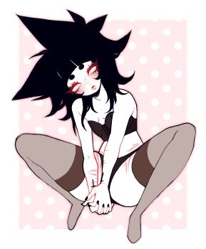  1other absurdres arm_tattoo ash_kinoshita black_hair blunt_bangs blush bralette colored_skin cross dreamalgia eyelashes fluffy_hair freckles gender_transitioning hair_ears heart heart-shaped_pupils highres lingerie lips mastectomy_scar original other_focus panties pastel_goth pink_eyes scar scar_on_chest self-harm_scar solo symbol-shaped_pupils tattoo thick_eyebrows thighhighs underwear white_skin 