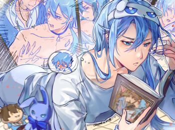  ! !! ahoge alternate_costume bell black_collar blue_eyes blue_hair blue_jacket blue_pants blue_shirt blush book character_doll chibi chibi_inset closed_mouth collar collarbone collared_shirt commentary_request covering_own_mouth cowboy_shot crystal_necklace doll drooling edmond_(nu_carnival) eiden_(nu_carnival) embarrassed emphasis_lines eye_mask from_behind frown fudanshi furrowed_brow hair_between_eyes hair_down hair_over_shoulder half-closed_eyes hand_in_own_hair hand_over_own_mouth hands_up heart hickey highres holding holding_book imagining implied_sex jacket kiss long_hair low_ponytail lying mask neck_bell nipples nu_carnival on_stomach open_mouth outline pajamas pants ponytail pornography raised_inner_eyebrows reading rinbow_yu shirt sparkle speech_bubble stuffed_animal stuffed_rabbit stuffed_toy suggestive_fluid sweat teeth thought_bubble toned toned_male topless_male upper_teeth_only v-shaped_eyebrows white_outline white_shirt yaoi yaoi_(object) 