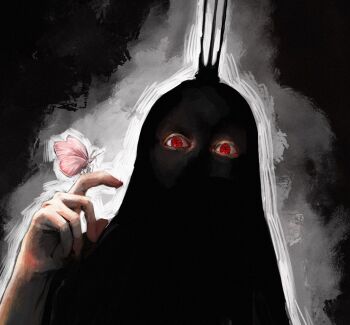  1other arm_up black_theme bug butterfly butterfly_on_hand commentary creepy crown highres iam_san3 imu_(one_piece) insect looking_at_animal one_piece red_eyes silhouette simple_background solo symbol-only_commentary 