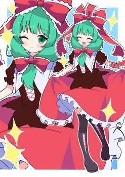  1girl arm_ribbon black_thighhighs blush boots bow brown_boots closed_eyes closed_mouth commentary_request commission dress frilled_bow frilled_ribbon frills green_eyes green_hair hair_bow hair_ribbon highres kagiyama_hina knee_boots long_sleeves looking_at_viewer masakamea one_eye_closed open_mouth puffy_short_sleeves puffy_sleeves red_bow red_dress red_ribbon ribbon short_sleeves skeb_commission skirt_hold smile sparkle thighhighs touhou zoom_layer 