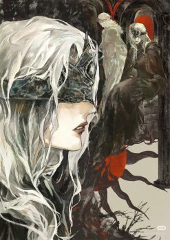  1girl arm_wrap artist_request black_capelet blindfold_mask capelet cloak covered_eyes dark_souls_(series) dark_souls_iii fire_keeper from_side full_body highres lips long_hair mask multiple_views non-web_source pale_skin parted_lips sitting smile source_request sun watermark white_hair xiaohongshu_logo xiaohongshu_watermark 