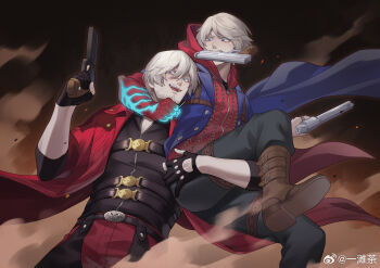  2boys belt_bra black_gloves blue_eyes blue_rose_(gun) coat dante_(devil_may_cry) devil_may_cry devil_may_cry_(series) devil_may_cry_4 ebony_&amp;_ivory facial_hair fingerless_gloves gloves gun_in_mouth highres holding hood male_focus multiple_boys muscular muscular_male nero_(devil_may_cry) red_coat smile trench_coat uncle_and_nephew watermark weapon weibo_3893749281 weibo_watermark white_hair 