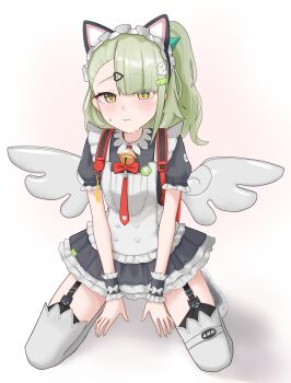  1girl absurdres animal_ear_hairband animal_ears bell black_dress black_garter_straps blush cat_ear_hairband cat_ears closed_mouth dress fake_animal_ears frilled_dress frilled_sleeves frills garter_straps ghost_hair_ornament green_eyes green_hair hair_ornament hairband hashtag-only_commentary heart heart_hair_ornament highres kneeling looking_at_viewer maid maid_headdress multiple_hair_clips neck_bell necktie nullkurage official_alternate_costume ponytail red_bag red_necktie simple_background solo sunna_(afternoon_tea_break)_(zenless_zone_zero) sunna_(zenless_zone_zero) sweat white_background white_wings winged_bag wings zenless_zone_zero 
