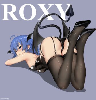  1girl ahoge ass bare_shoulders black_leotard black_thighhighs blue_eyes blue_hair blush breasts brown_dust_(series) brown_dust_2 character_name closed_mouth commentary demon_girl demon_tail demon_wings english_commentary fake_tail full_body garter_straps hair_between_eyes head_wings high_heels highres legs legs_up leotard long_hair looking_at_viewer looking_back lying mushoku_tensei on_stomach roxy_migurdia simple_background skindentation small_breasts solo tail tetsuffy_(tetsulul) thighhighs thighs top-down_bottom-up very_long_hair wings 
