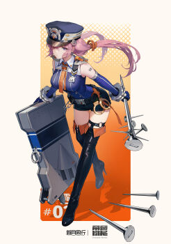  1girl ;/ absurdres alternate_costume ballistic_shield barcode barcode_tattoo bare_shoulders belt black_belt black_boots black_shorts blue_gloves blue_hat blue_shirt blue_shrimp boots breasts character_name club club_(weapon) collared_shirt copyright_name cuffs elbow_gloves floating_hair full_body gloves handcuffs hat high_heels highres holding holding_club holding_weapon id_card leaning_forward long_hair looking_at_viewer low_twintails medium_breasts mingshuang_(xinyue_tongxing) o-ring o-ring_thigh_strap peaked_cap pink_hair police police_uniform policewoman purple_eyes shield shirt short_shorts shorts shoulder_tattoo solo spiked_club tattoo thigh_boots thigh_strap twintails weapon white_background xinyue_tongxing 