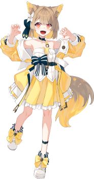  1girl animal_ear_fluff animal_ears bare_shoulders black_choker blue_bow blue_ribbon blunt_bangs boots bow brown_hair choker claw_pose collarbone colored_inner_hair dog_ears dog_girl dog_tail flower fold-over_boots footwear_bow frilled_skirt frills full_body hair_flower hair_ornament hair_ribbon hands_up highres jacket long_sleeves looking_at_viewer multicolored_hair nagishiro_mito off_shoulder official_art open_clothes open_jacket open_mouth orange_eyes pleated_skirt ribbon second-party_source shirt short_hair simple_background skirt solo standing standing_on_one_leg strapless strapless_shirt striped_bow suzuhina_chuno tachi-e tail teeth transparent_background two-tone_hair upper_teeth_only veil_project virtual_youtuber waist_bow white_boots white_flower white_shirt yellow_bow yellow_jacket yellow_skirt 