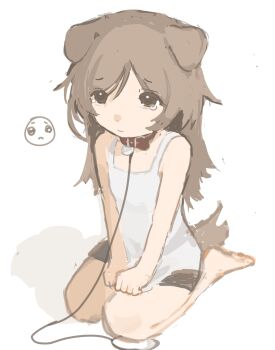  1girl animal_collar animal_ears bare_arms bare_shoulders barefoot black_shorts brown_hair collar commentary crying crying_with_eyes_open dog_ears dog_girl dog_tail dolphin_shorts feet from_above full_body highres human_dog knees leash legs long_hair memmem594714 non-web_source original pet_play red_collar sad shirt short_shorts shorts sitting sleeveless sleeveless_shirt solo untranslatable_commentary tail tears white_background white_shirt 