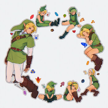  3girls 4boys absurdres blonde_hair boots brown_boots circle_formation dual_persona fado_(ocarina_of_time) fairy green_hair green_hat green_shorts green_tunic hat heart_container highres instrument knees_to_chest kokiri lilium815719 link mido_(zelda) multiple_boys multiple_girls mushroom navi nintendo ocarina pants phrygian_cap rupee_(zelda) saria_(zelda) shorts sitting the_legend_of_zelda the_legend_of_zelda:_ocarina_of_time tunic white_pants young_link 