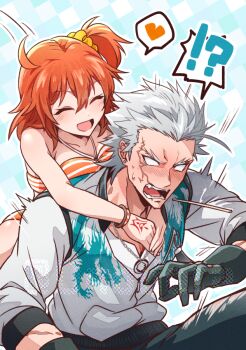  !? 0nodera 1boy 1girl ahoge bikini black_gloves bracelet closed_eyes command_spell commentary_request embarrassed fate/grand_order fate_(series) fujimaru_ritsuka_(female) gloves grey_hair hair_ornament hair_scrunchie happy heart hetero hug hug_from_behind jewelry mouth_hold nagakura_shinpachi_(fate) notched_ear one_side_up open_mouth orange_hair scar scar_on_face scrunchie speech_bubble spoken_heart spoken_interrobang stalk_in_mouth striped_bikini striped_clothes swimsuit 