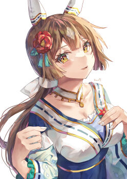  1girl absurdres animal_ears blue_hakama blunt_sidelocks blush breasts brown_hair cleavage collarbone commentary_request detached_collar double-parted_bangs ear_covers frilled_kimono frills hair_between_eyes hair_ornament hakama highres horse_ears horse_girl japanese_clothes kimono large_breasts long_hair long_sleeves looking_at_viewer low_ponytail multicolored_hair multicolored_kimono official_alternate_costume official_alternate_hairstyle parted_lips ponytail ribbon-trimmed_kimono ribbon_trim satono_diamond_(floral_star_prosperous_green)_(umamusume) satono_diamond_(umamusume) sidelocks simple_background smile solo streaked_hair umamusume white_background white_kimono yoru_usagi 